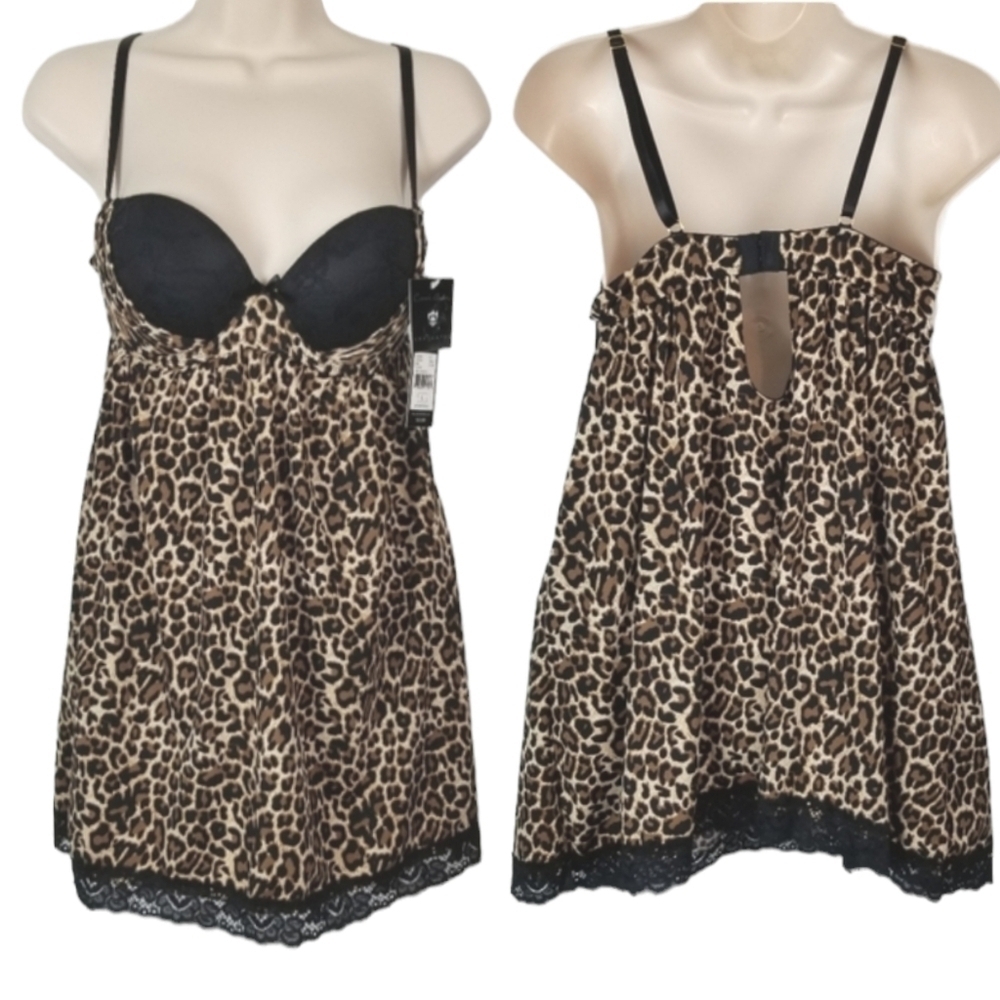 Carrie Amber Y2K Leopard Babydoll Underwire Padded Bra Intimates Lace Cheetah L